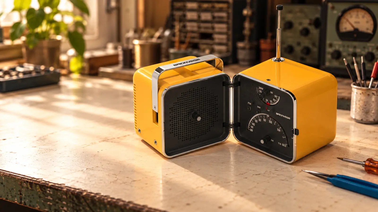 Radio Cubo Brionvega TS 502 color giallo sul banco di lavoro