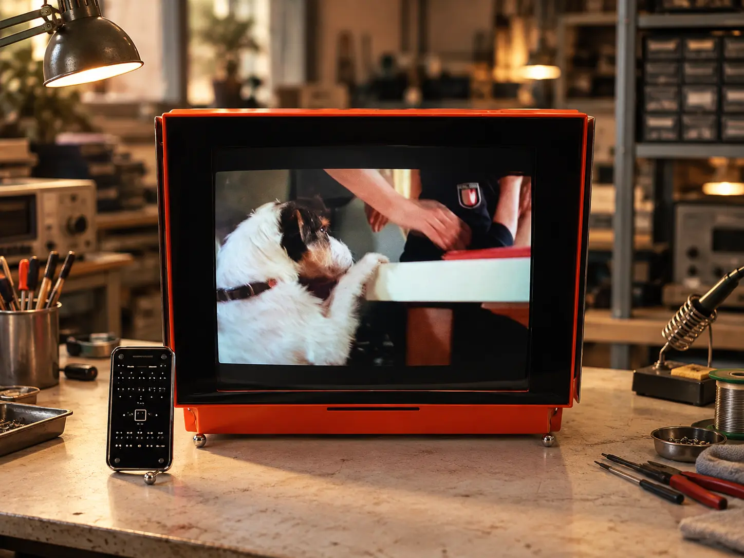 Televisore Brionvega Alpha rosso acceso sul banco di Gammavideo