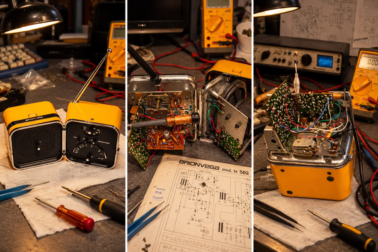 Tre momenti dell'intervento sul Radio Cubo Brionvega: apparecchio aperto, dettagli del circuito e radio rimontata